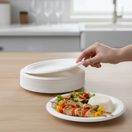 9-Inch Compostable Plates – 100% Biodegradable Sugarcane Bagasse Disposable Plates | Eco-Friendly, Heavy Duty, Microwave & Freezer Safe