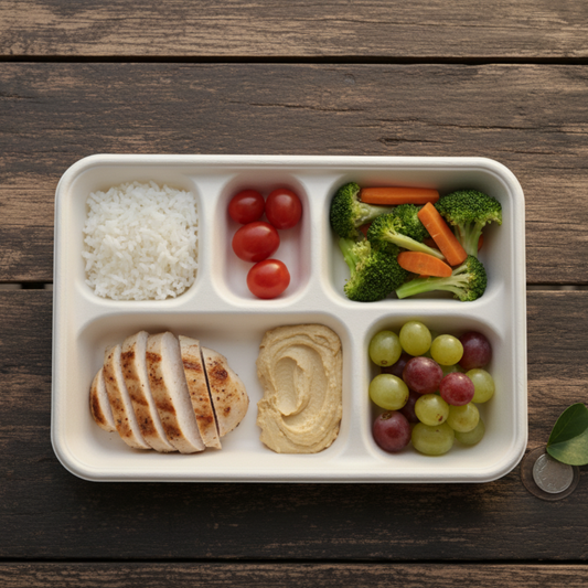 BioGreen 25-Pack 5-Compartment Eco-Friendly Sugarcane Plates – 282x220x38mm | Compostable, Biodegradable, Grease & Cut Resistant, Microwave & Freezer Safe | Disposable Dinner Trays for Parties, Buffets & School Lunches