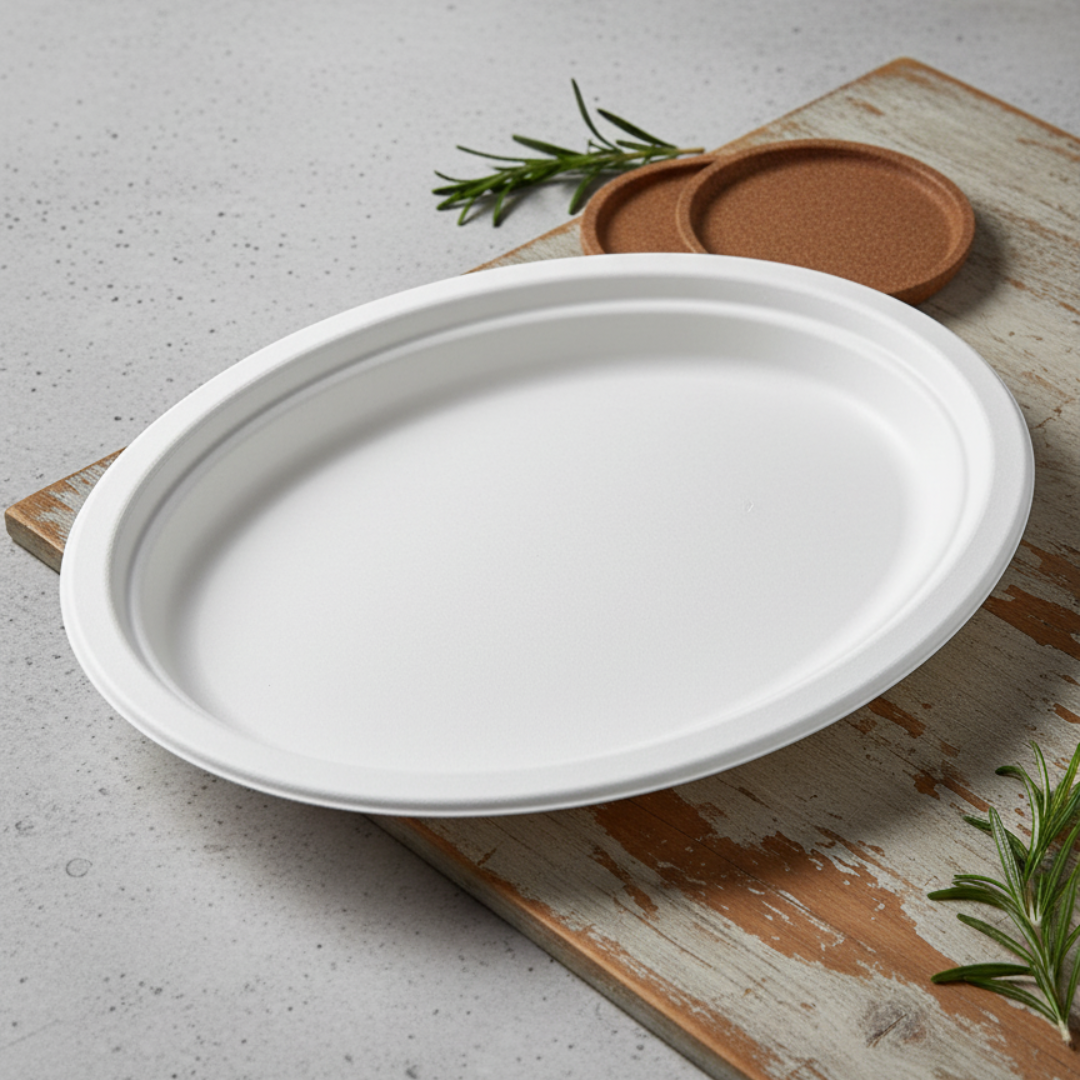 BioGreen 50-Pack Oval Sugarcane Plates – 10" x 7.5" (257mm x 192mm) | 100% Compostable & Biodegradable | Heavy-Duty, Oil & Cut Resistant, Microwave & Freezer Safe Disposable Plates for Hot & Cold Food