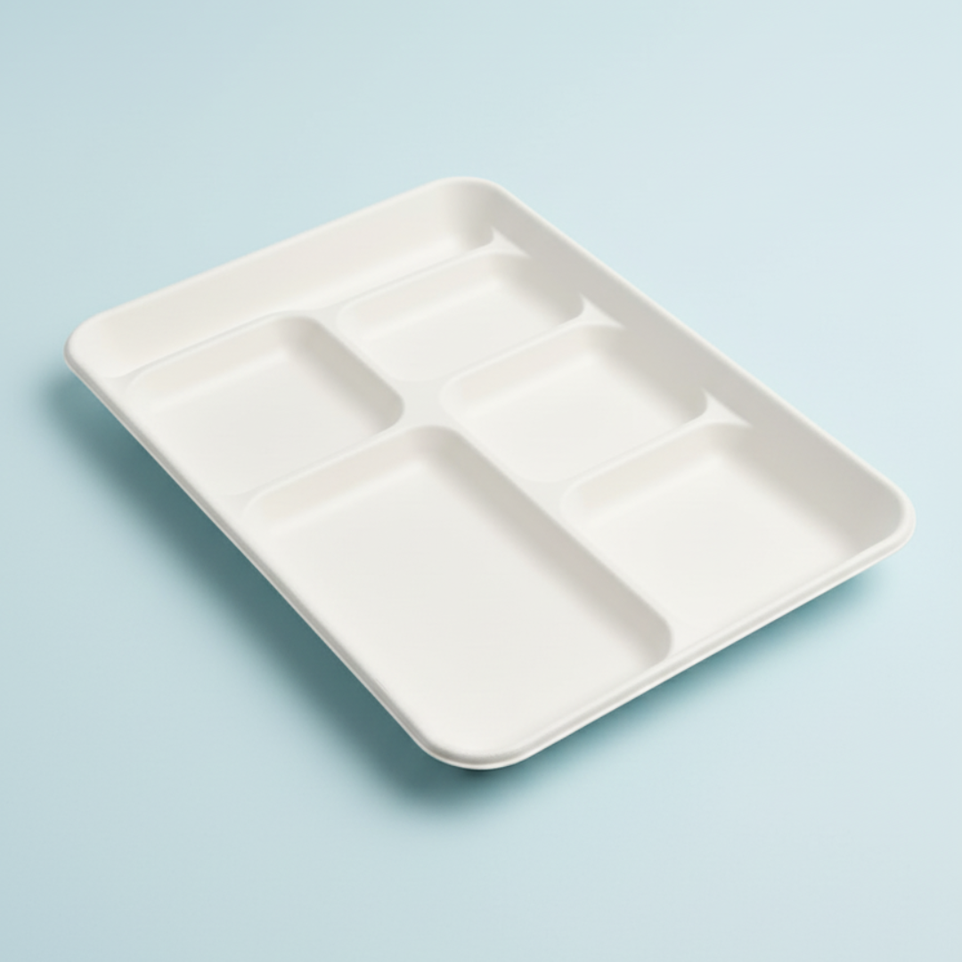 BioGreen 25-Pack 6-Compartment Eco-Friendly Sugarcane Plates – 320x220x31mm | Compostable, Biodegradable, Grease & Cut Resistant, Microwave & Freezer Safe | Disposable Dinner Trays for Parties, Buffets & School Lunches