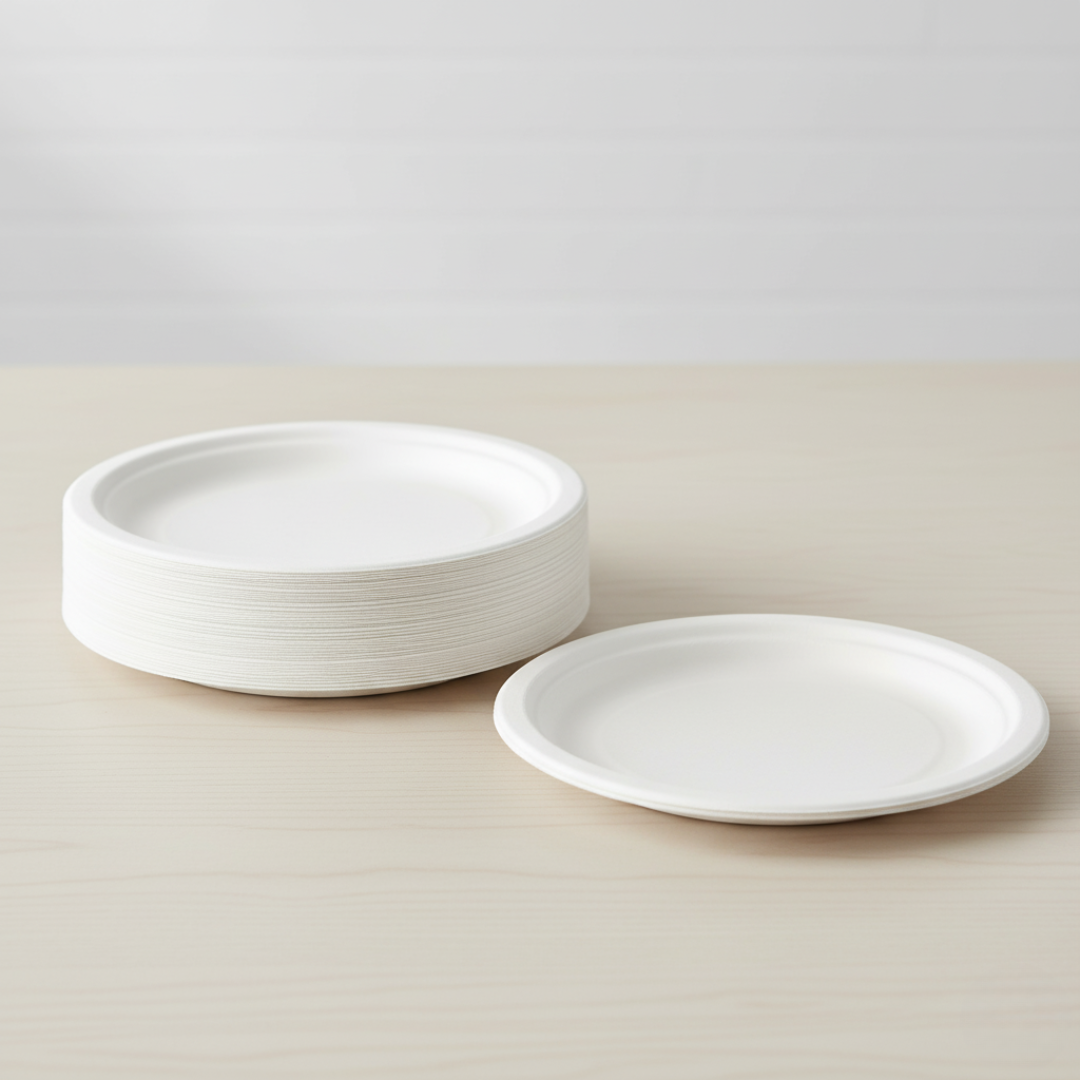 Disposable Paper Plates 7 Inch – 50 Pack | 100% Compostable Sugarcane Bagasse Plates, Heavy Duty, Oil & Cut Resistant, Microwave & Freezer Safe, Eco-Friendly Round Plates for Parties & Catering