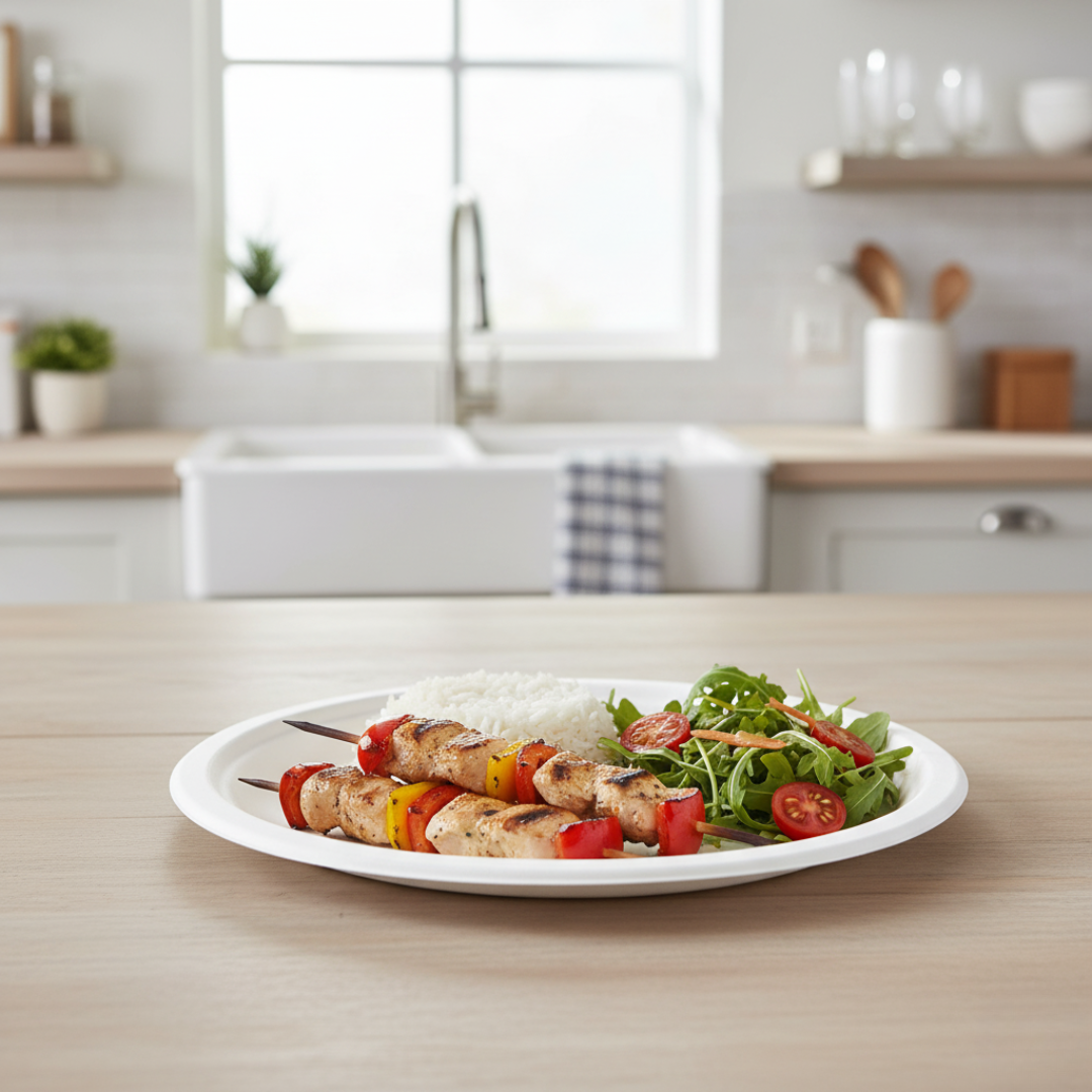 9-Inch Compostable Plates – 100% Biodegradable Sugarcane Bagasse Disposable Plates | Eco-Friendly, Heavy Duty, Microwave & Freezer Safe