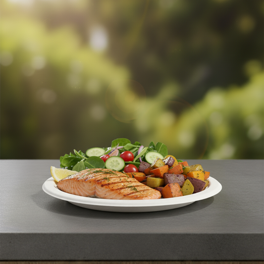Disposable Paper Plates 10 Inch – 50 Pack | 100% Compostable Sugarcane Bagasse Plates, Heavy Duty, Oil & Cut Resistant, Microwave & Freezer Safe, Eco-Friendly Round Plates for Parties & Catering