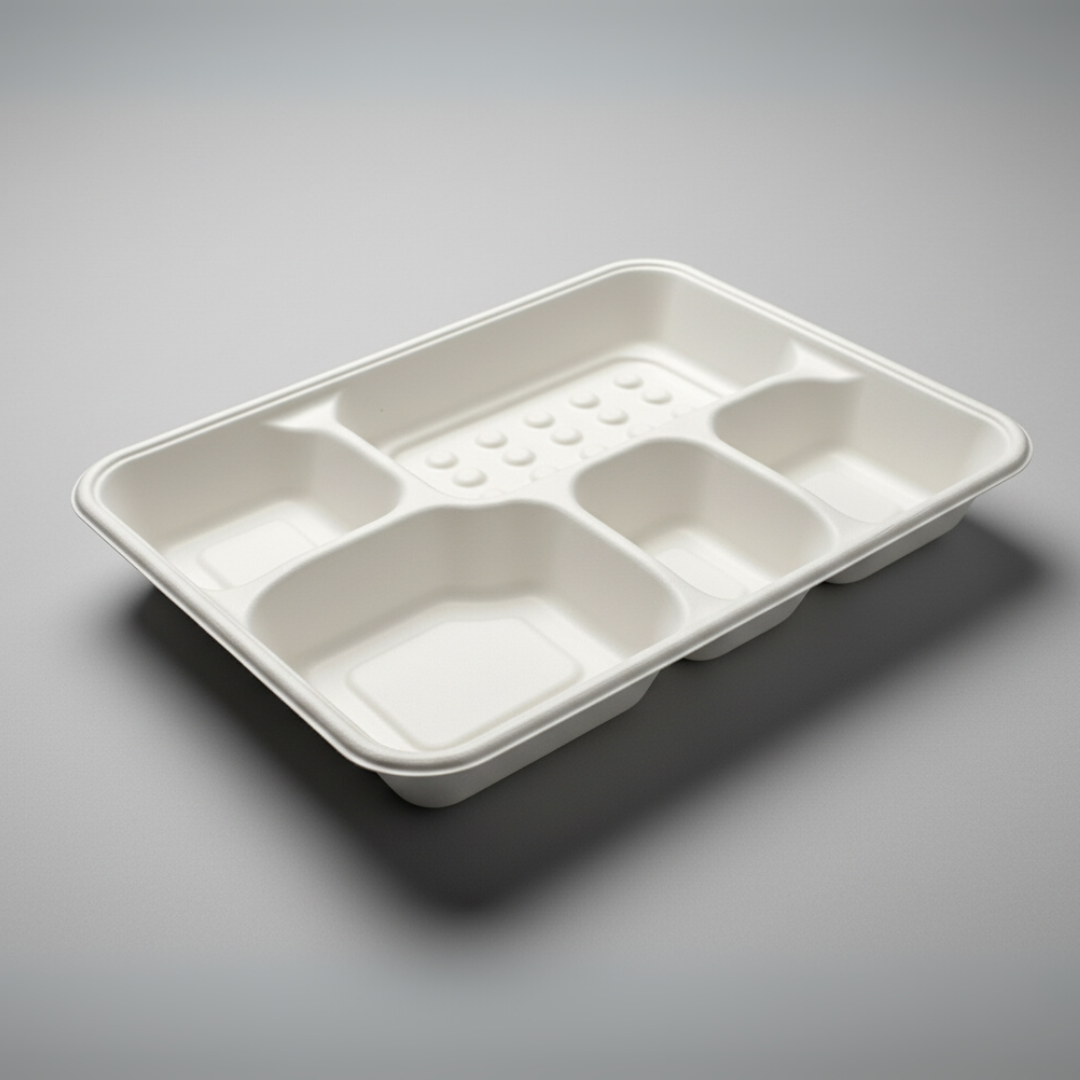 BioGreen 25-Pack 5-Compartment Eco-Friendly Sugarcane Plates – 282x220x38mm | Compostable, Biodegradable, Grease & Cut Resistant, Microwave & Freezer Safe | Disposable Dinner Trays for Parties, Buffets & School Lunches