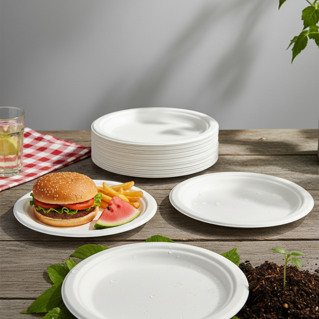Disposable Paper Plates 10 Inch – 50 Pack | 100% Compostable Sugarcane Bagasse Plates, Heavy Duty, Oil & Cut Resistant, Microwave & Freezer Safe, Eco-Friendly Round Plates for Parties & Catering