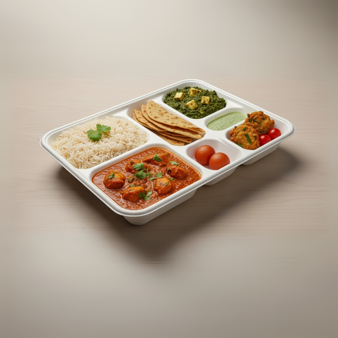 BioGreen 25-Pack 5-Compartment Eco-Friendly Sugarcane Plates – 282x220x38mm | Compostable, Biodegradable, Grease & Cut Resistant, Microwave & Freezer Safe | Disposable Dinner Trays for Parties, Buffets & School Lunches
