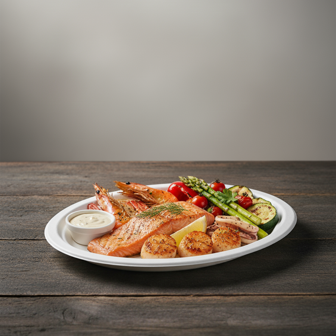 BioGreen 50-Pack Oval Sugarcane Plates – 10" x 7.5" (257mm x 192mm) | 100% Compostable & Biodegradable | Heavy-Duty, Oil & Cut Resistant, Microwave & Freezer Safe Disposable Plates for Hot & Cold Food