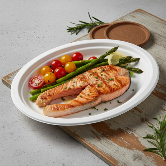 BioGreen 50-Pack Oval Sugarcane Plates – 10" x 7.5" (257mm x 192mm) | 100% Compostable & Biodegradable | Heavy-Duty, Oil & Cut Resistant, Microwave & Freezer Safe Disposable Plates for Hot & Cold Food