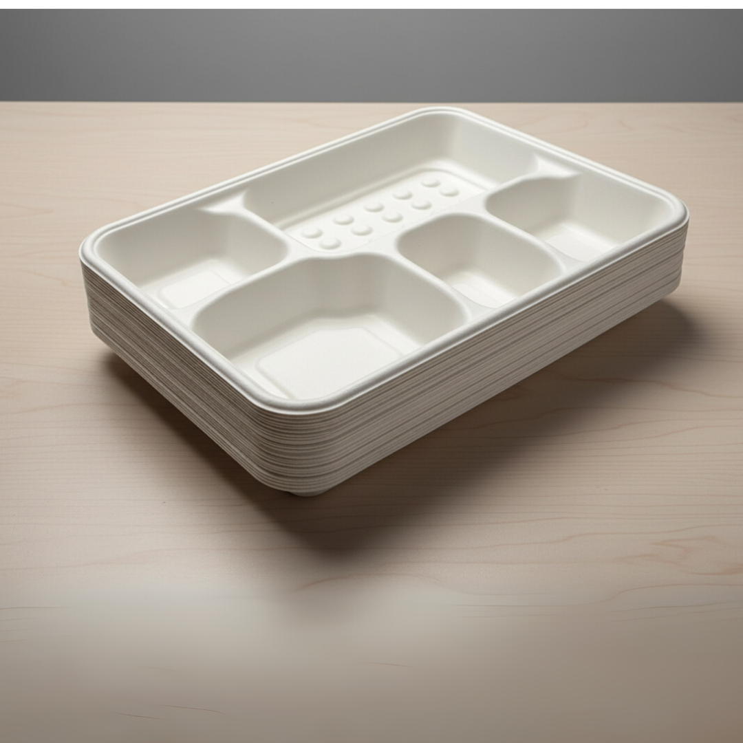 BioGreen 25-Pack 5-Compartment Eco-Friendly Sugarcane Plates – 282x220x38mm | Compostable, Biodegradable, Grease & Cut Resistant, Microwave & Freezer Safe | Disposable Dinner Trays for Parties, Buffets & School Lunches