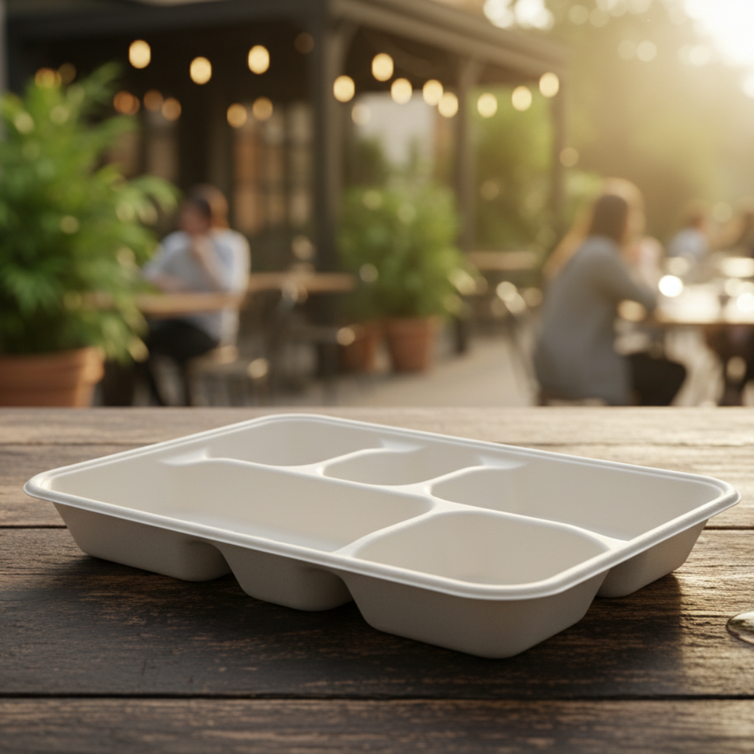 BioGreen 25-Pack 5-Compartment Eco-Friendly Sugarcane Plates – 282x220x38mm | Compostable, Biodegradable, Grease & Cut Resistant, Microwave & Freezer Safe | Disposable Dinner Trays for Parties, Buffets & School Lunches