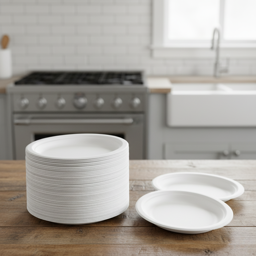BioGreen 50-Pack Oval Sugarcane Plates – 10" x 7.5" (257mm x 192mm) | 100% Compostable & Biodegradable | Heavy-Duty, Oil & Cut Resistant, Microwave & Freezer Safe Disposable Plates for Hot & Cold Food