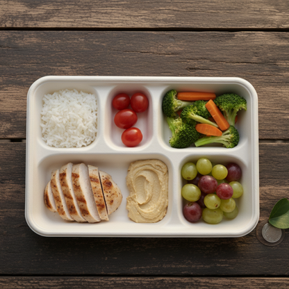 BioGreen 25-Pack 5-Compartment Eco-Friendly Sugarcane Plates – 282x220x38mm | Compostable, Biodegradable, Grease & Cut Resistant, Microwave & Freezer Safe | Disposable Dinner Trays for Parties, Buffets & School Lunches