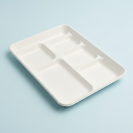 BioGreen 25-Pack 6-Compartment Eco-Friendly Sugarcane Plates – 320x220x31mm | Compostable, Biodegradable, Grease & Cut Resistant, Microwave & Freezer Safe | Disposable Dinner Trays for Parties, Buffets & School Lunches