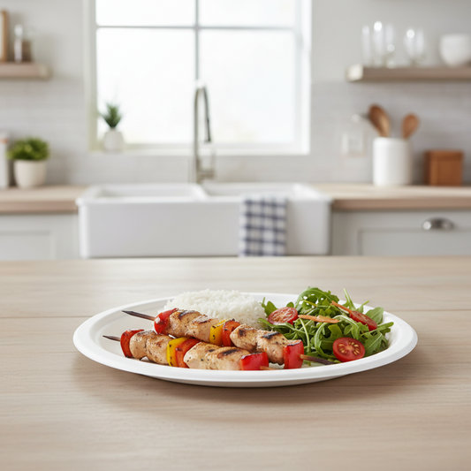 9-Inch Compostable Plates – 100% Biodegradable Sugarcane Bagasse Disposable Plates | Eco-Friendly, Heavy Duty, Microwave & Freezer Safe