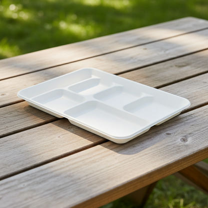 BioGreen 25-Pack 6-Compartment Eco-Friendly Sugarcane Plates – 320x220x31mm | Compostable, Biodegradable, Grease & Cut Resistant, Microwave & Freezer Safe | Disposable Dinner Trays for Parties, Buffets & School Lunches