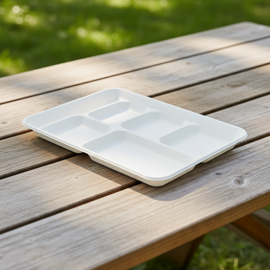 BioGreen 25-Pack 6-Compartment Eco-Friendly Sugarcane Plates – 320x220x31mm | Compostable, Biodegradable, Grease & Cut Resistant, Microwave & Freezer Safe | Disposable Dinner Trays for Parties, Buffets & School Lunches