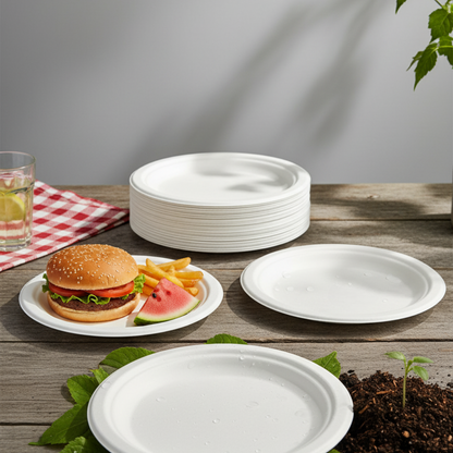 Disposable Paper Plates 10 Inch – 50 Pack | 100% Compostable Sugarcane Bagasse Plates, Heavy Duty, Oil & Cut Resistant, Microwave & Freezer Safe, Eco-Friendly Round Plates for Parties & Catering